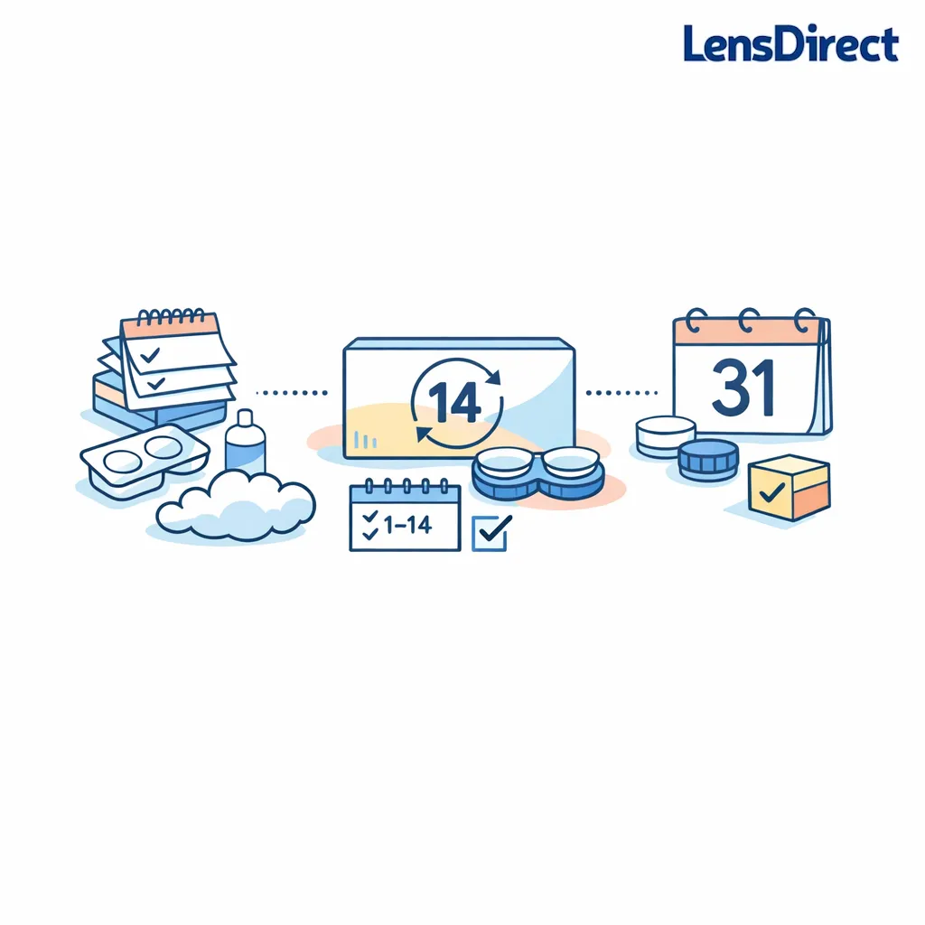 A centered comparison graphic shows two-week lenses balanced between daily and monthly routines.