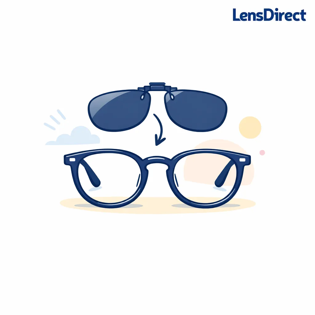 Minimal line art shows prescription glasses gaining a clip-on sun layer in one quick step.