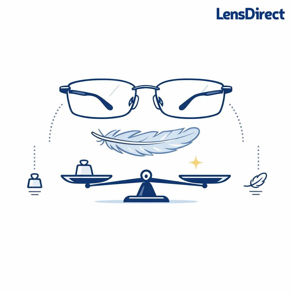 A minimal line-art titanium eyeglass frame floats above a feather and balance scale on white.