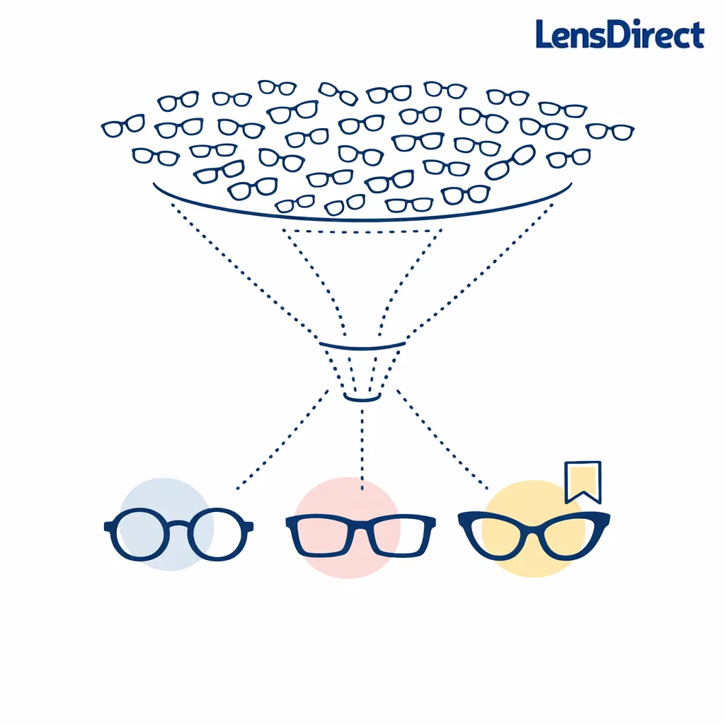 Minimal line art shows many glasses narrowing into three saved frame picks on a white background.