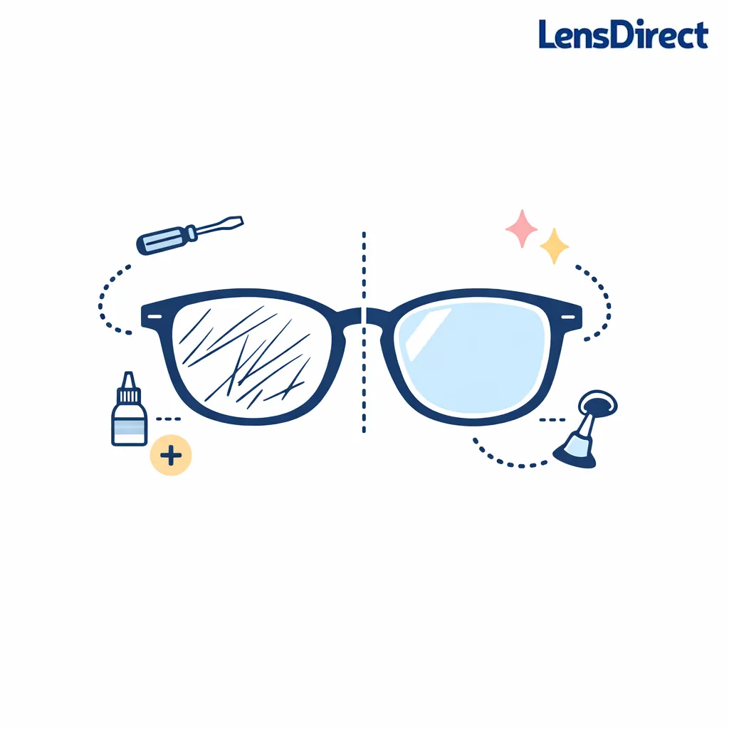 An old favorite pair of glasses is shown with fresh lenses highlighted in a clean minimal diagram.