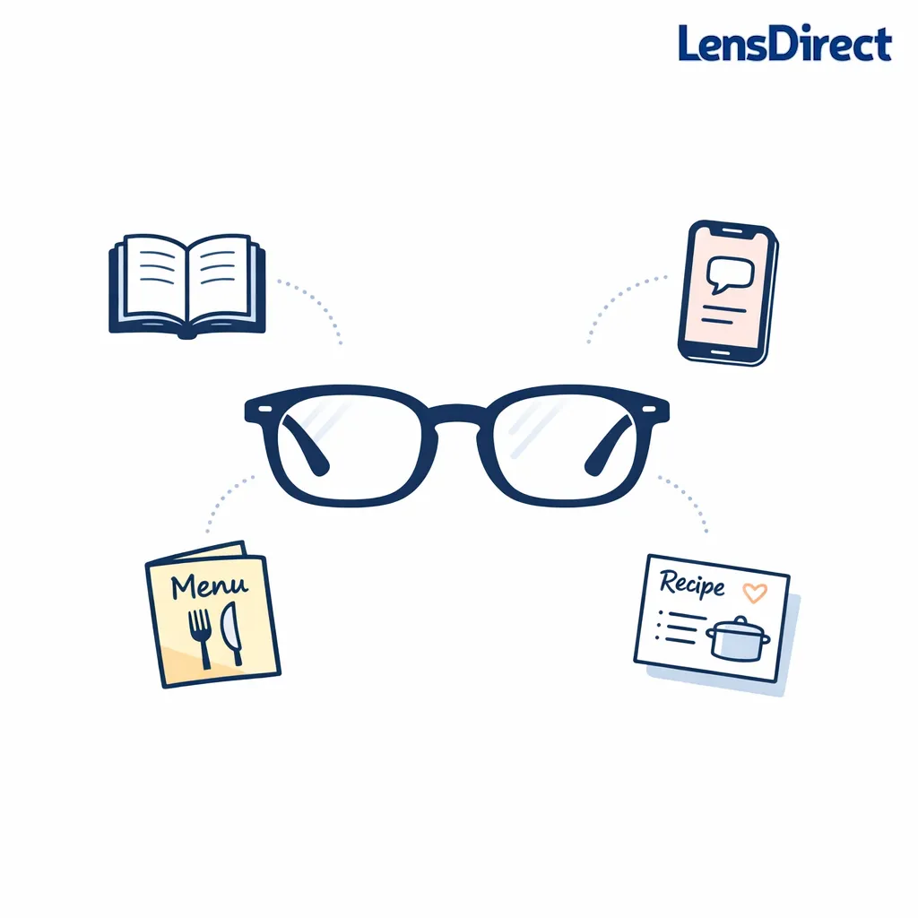 Minimal line art shows reading glasses, a book, phone, and menu arranged around a central lens.