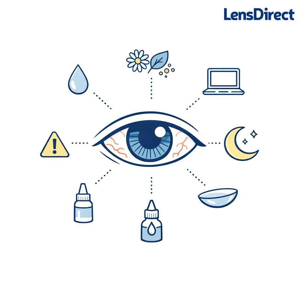 A minimal eye diagram shows common bloodshot eye triggers with clean icons and gentle color accents.