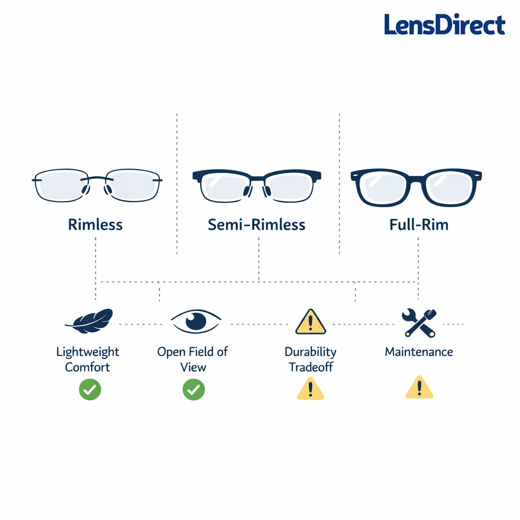 Minimal line-art comparison of rimless, semi-rimless, and full-rim glasses with pros and cons icons.