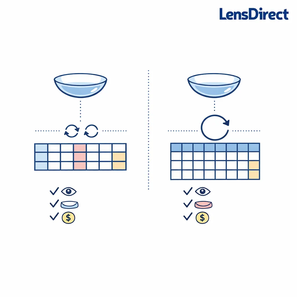 Minimal comparison graphic showing a two-week lens path versus a monthly lens path with simple calendar icons.