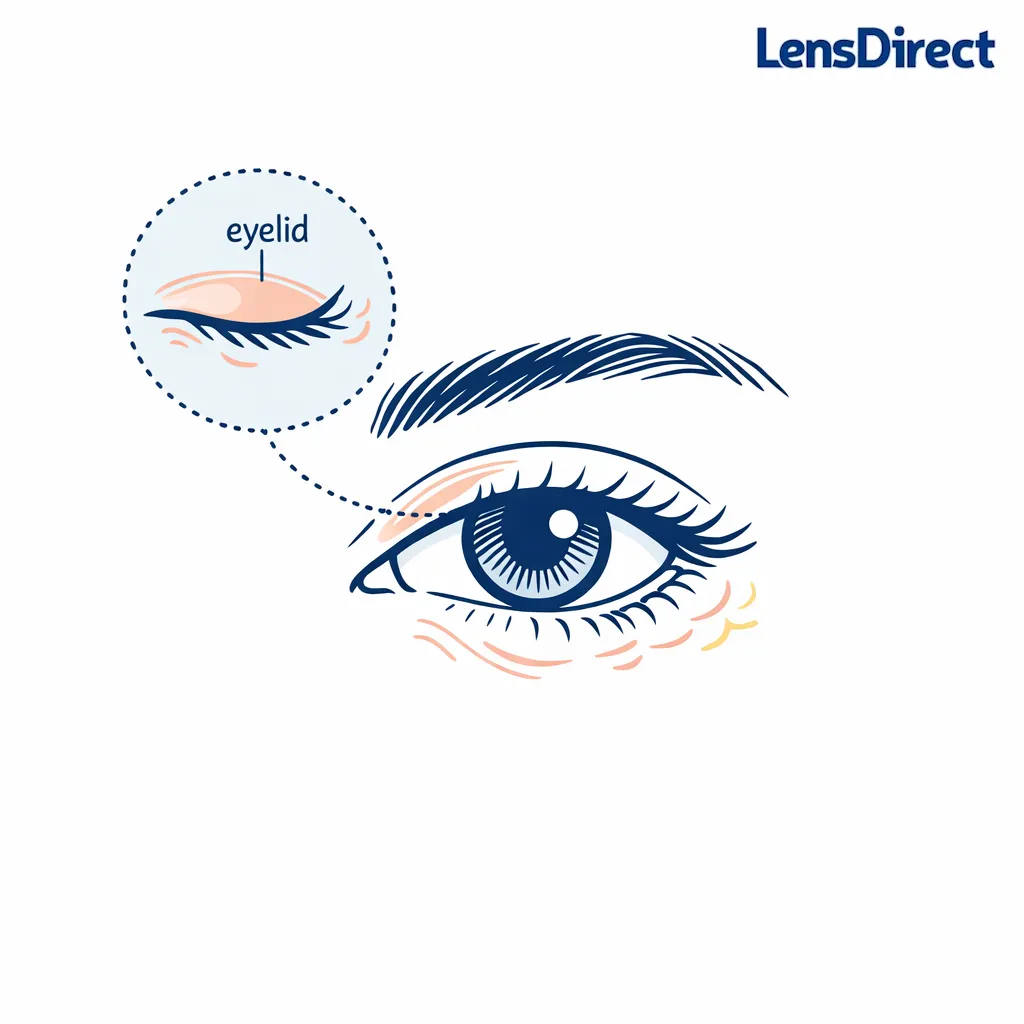 Minimal line art shows a close-up eyelid flutter with calm labels explaining a harmless eyelid muscle spasm.