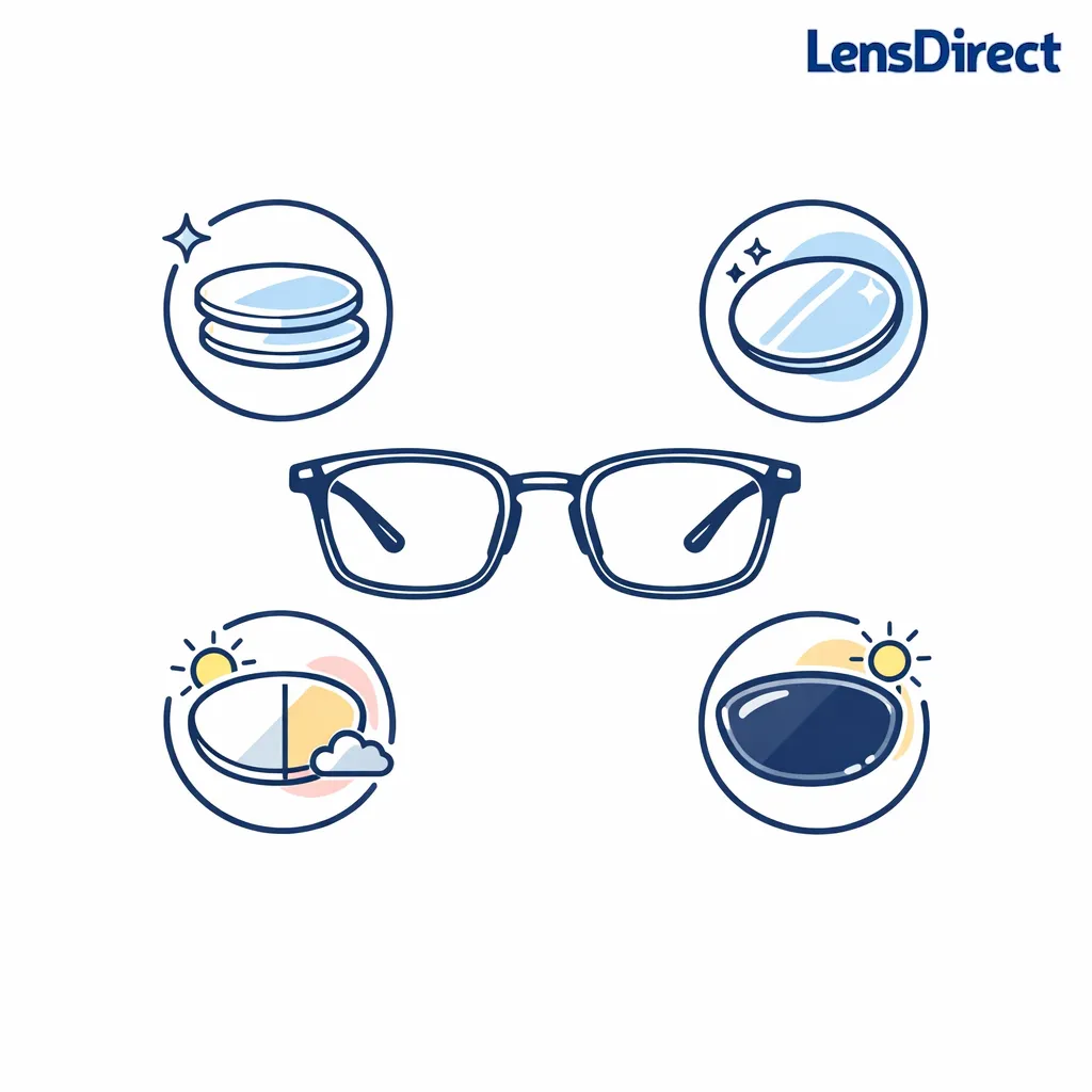 Lens options like thin material, anti-reflective coating, and sun tint are shown as simple selectable features.