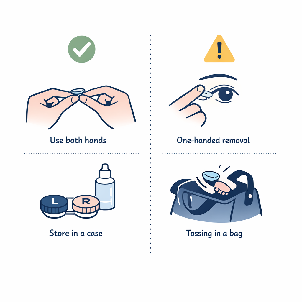 Do and don't line-art icons show careful case storage versus dropping glasses into a bag.
