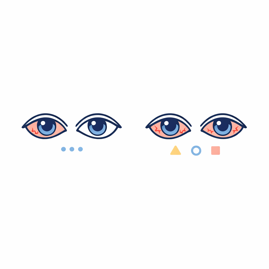 Two eye icons compare one-sided redness with both-eye redness to encourage noticing the pattern.
