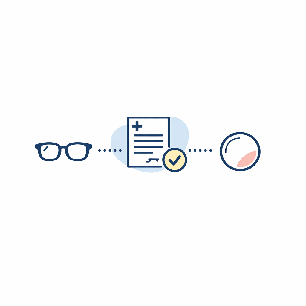 A frame icon, prescription sheet, and lens symbol show that style picks need real prescription checks.