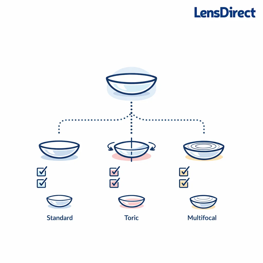 A central lens icon branches into standard, astigmatism, and multifocal options with simple visual markers.