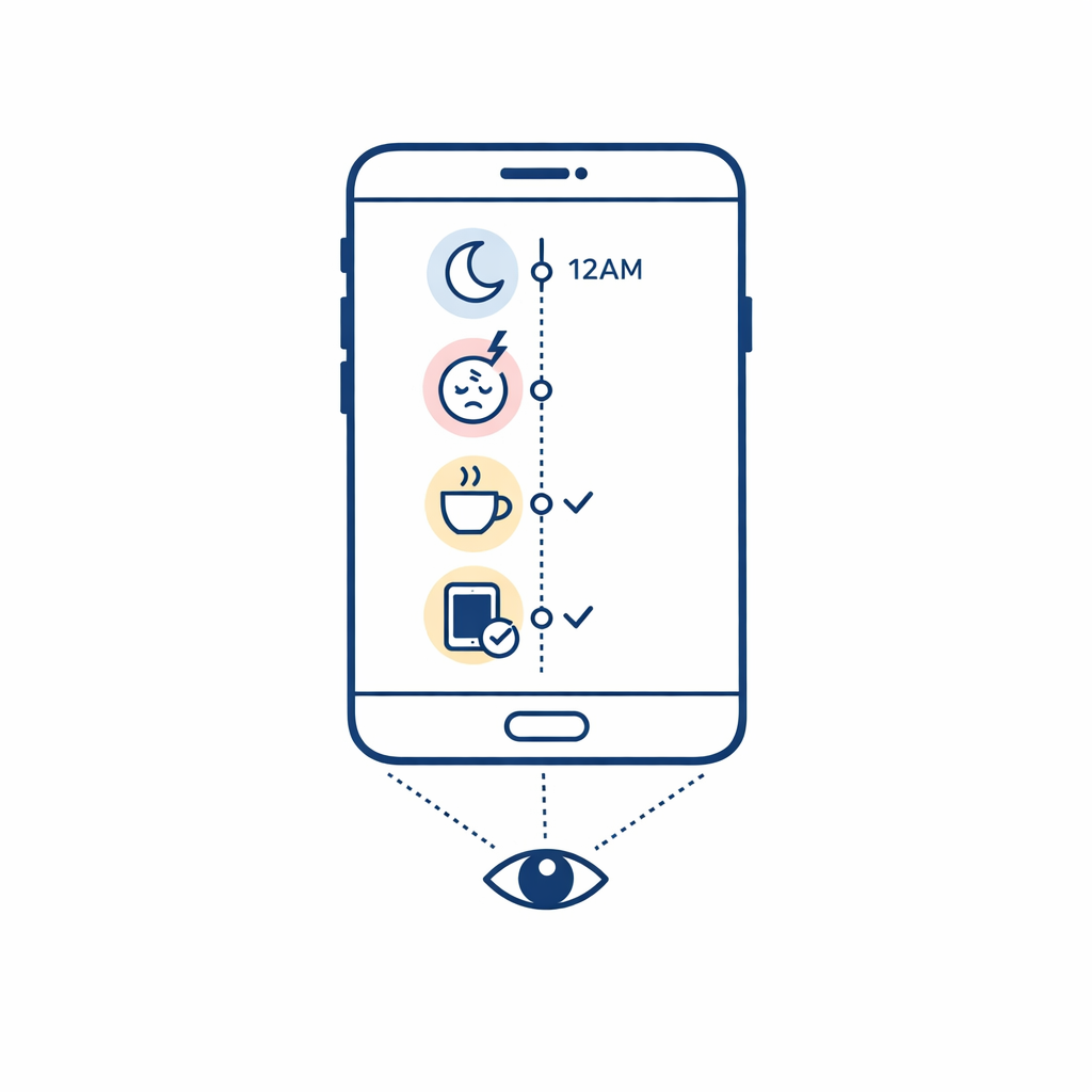 A phone note and timeline icons help track when eye twitching happens and what may trigger it.