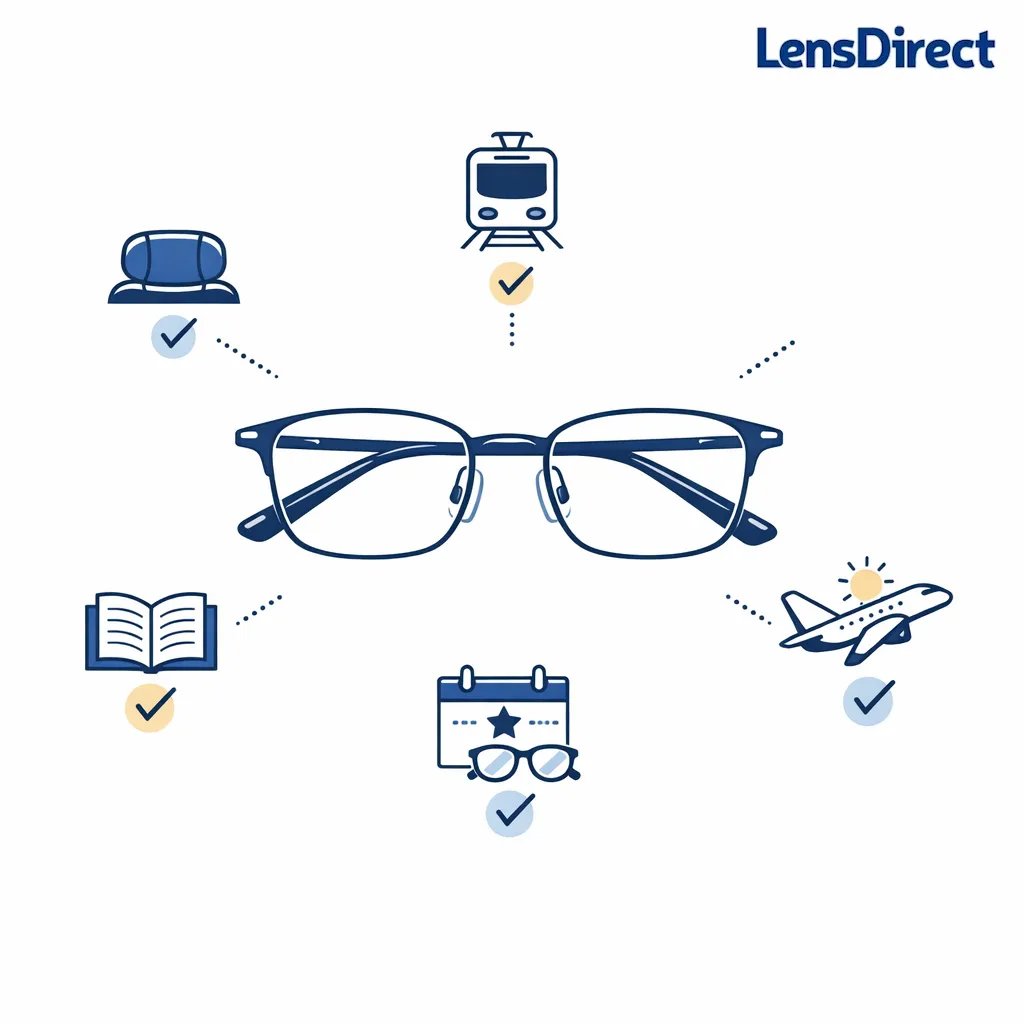 A checklist around a titanium frame highlights comfort, commuting, reading, travel, and long wear.
