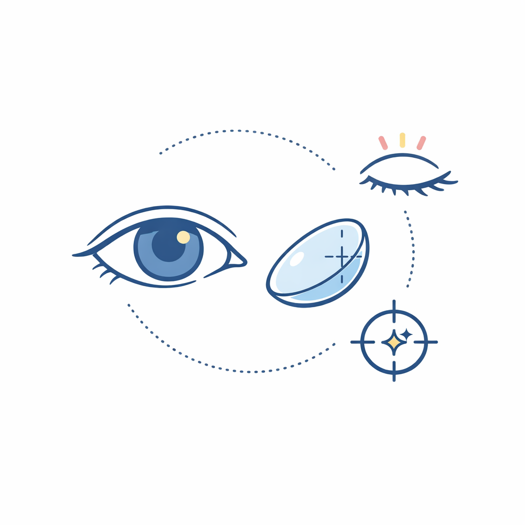 A toric lens diagram aligns with an eye using axis marks to suggest blink-to-blink visual stability.