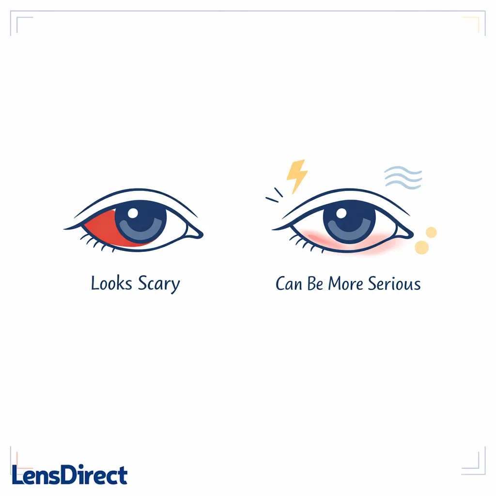 A bright red spot and a mild red painful eye are contrasted to show appearance is not the whole story.