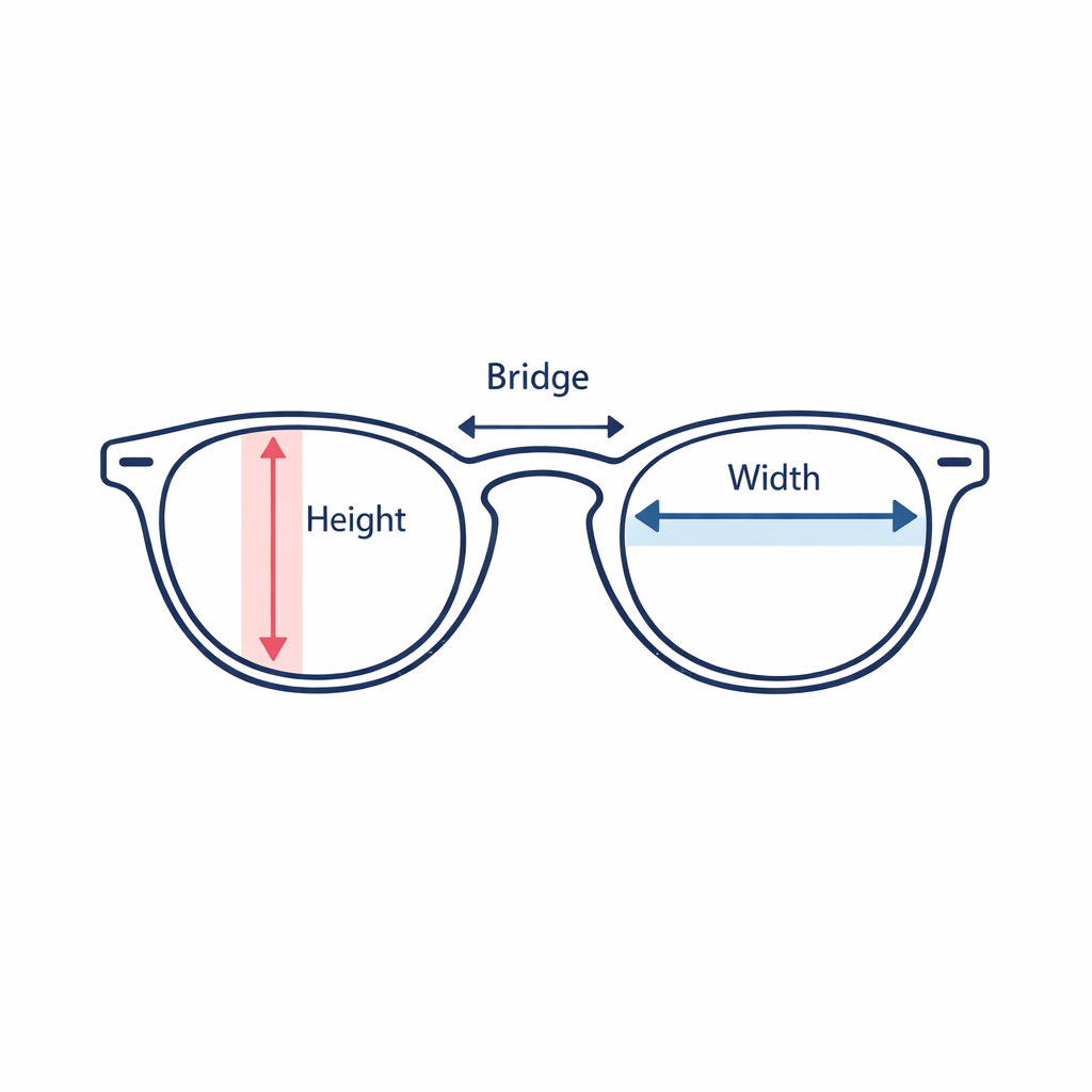 A measured glasses diagram highlights lens width, height, and bridge fit with simple markers.