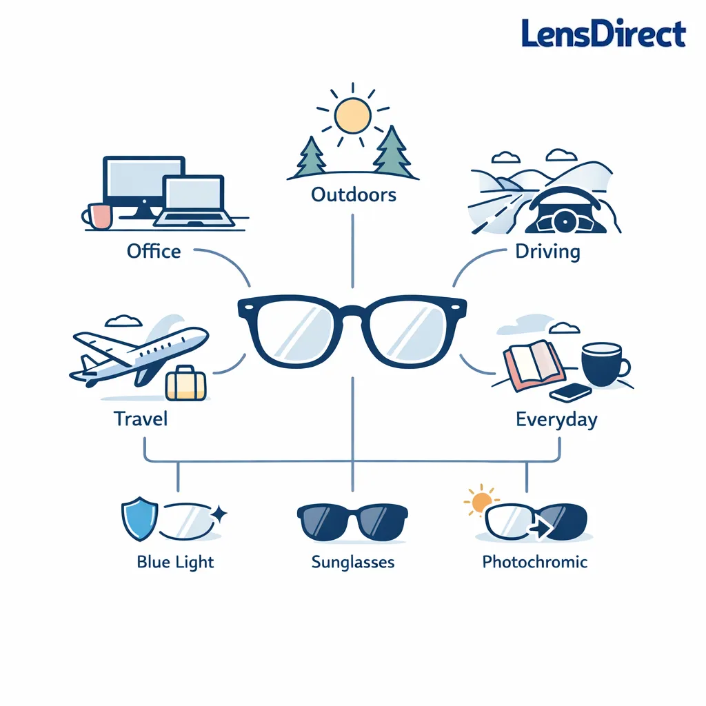 Everyday use icons connect to lens choices like blue light, sun, and photochromic options.
