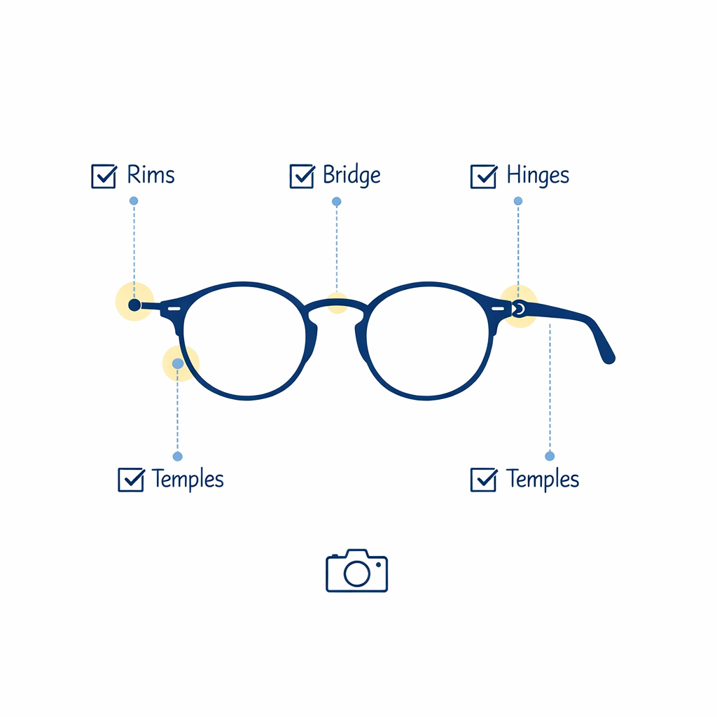 A neat checklist layout walks through rims, bridge, hinges, and temples before shipping.