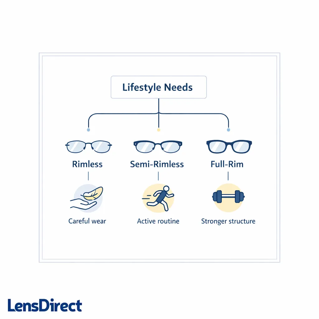 Decision tree compares rimless, semi-rimless, and full-rim by lifestyle and durability needs.