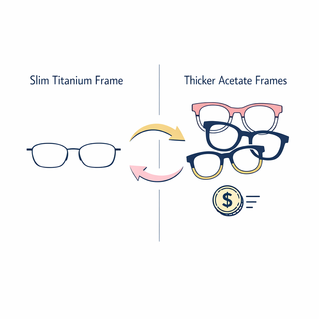 Bold acetate, budget shopping, and trend rotation icons contrast with the titanium option.