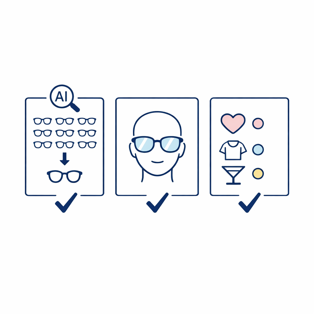 Three simple tool cards compare AI finder, virtual try-on, and style quiz roles.
