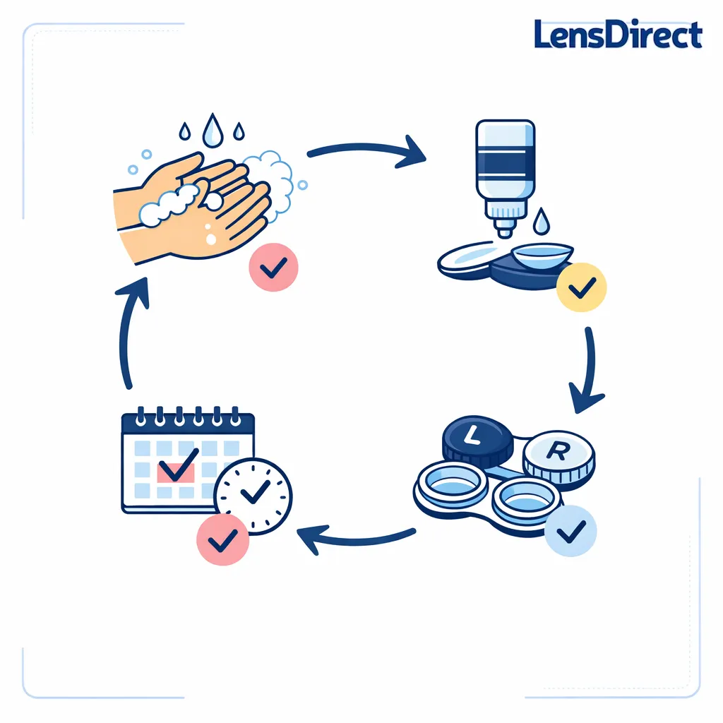 Clean hands, solution, lens case, and replacement reminders summarize safe contact lens care.