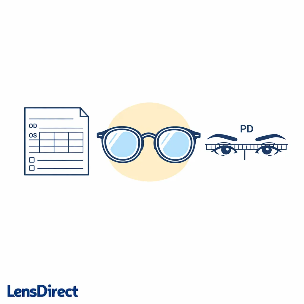 A prescription sheet and PD measurement guide sit beside glasses in a simple prep illustration.