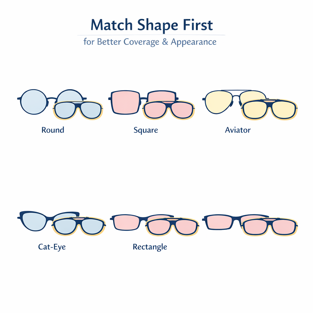 Five lens shapes are lined up to show why clip-on outlines need to match your frames.