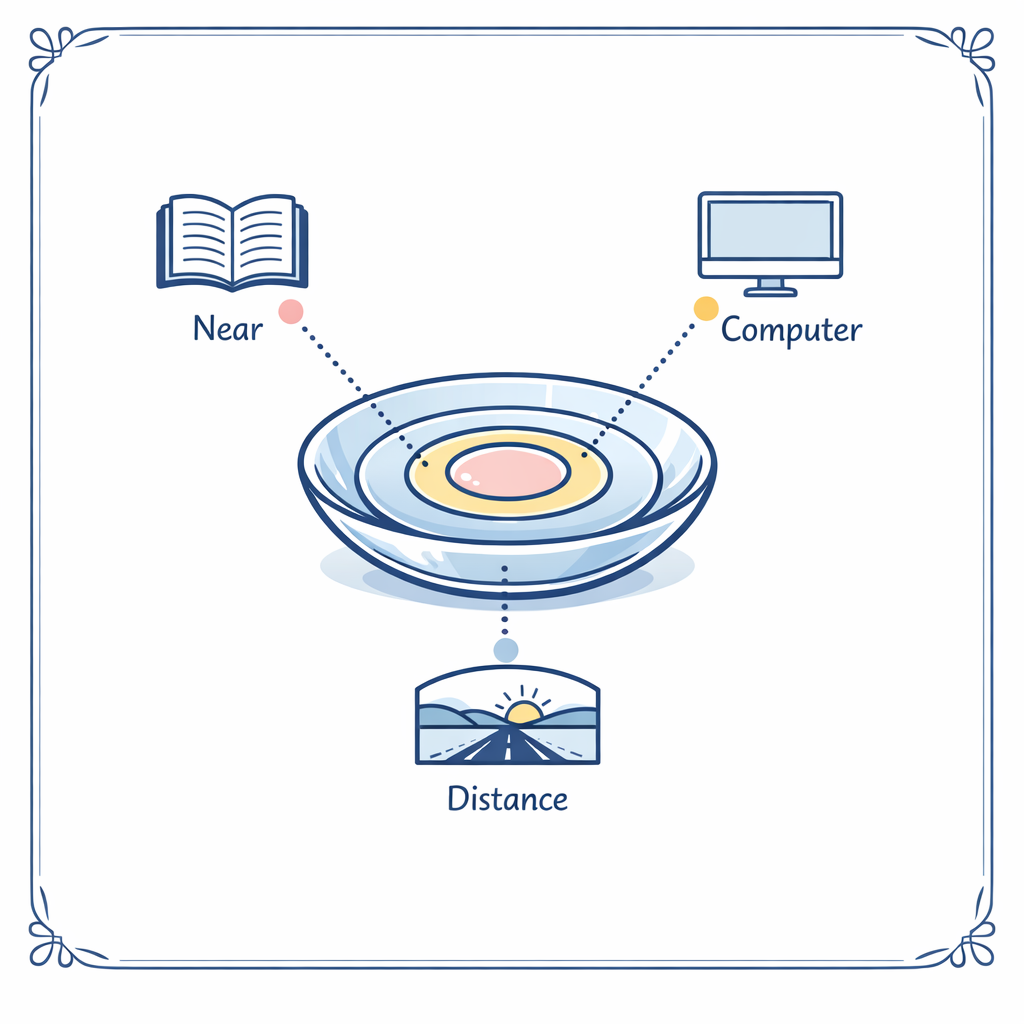 A multifocal lens graphic connects reading, computer, and distance icons in one balanced layout.