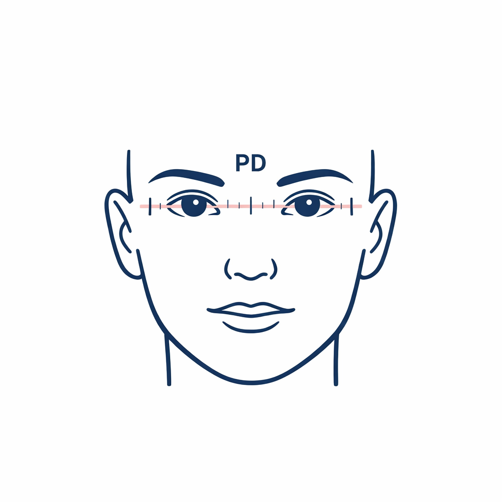 A simple face diagram and ruler illustrate pupillary distance for ordering glasses online.