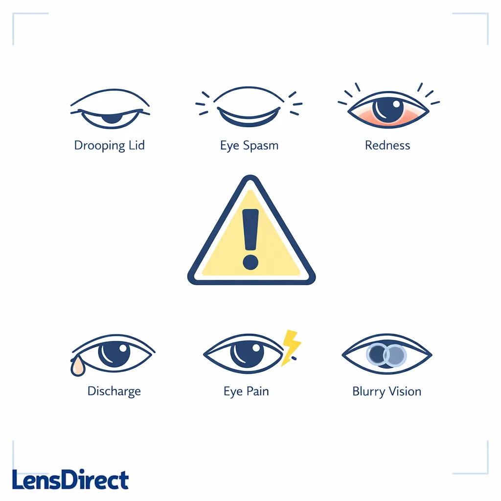 Simple warning icons highlight drooping, full eyelid closure, redness, discharge, pain, and vision changes.