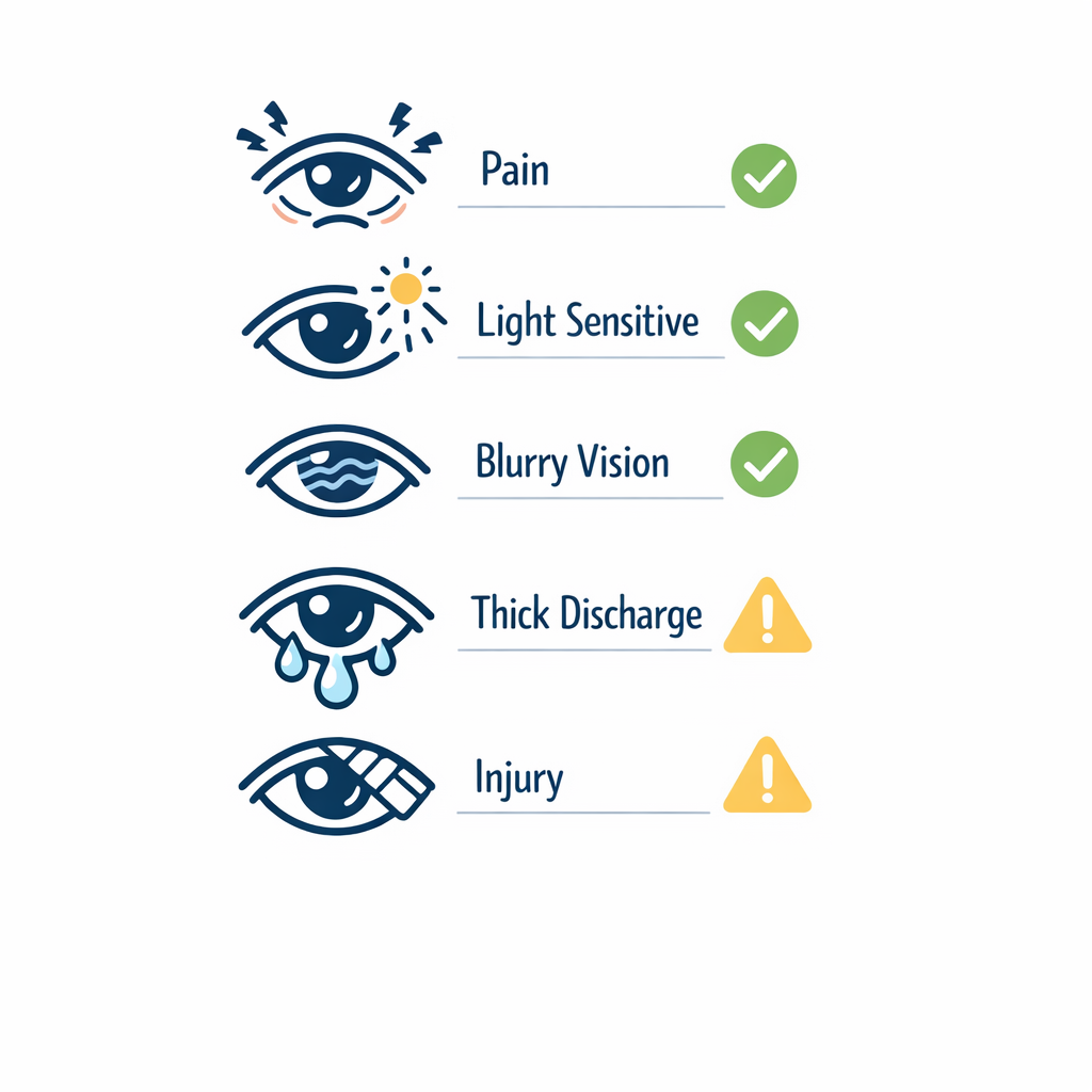 A concise visual checklist highlights pain, light sensitivity, blurred vision, discharge, and injury warnings.