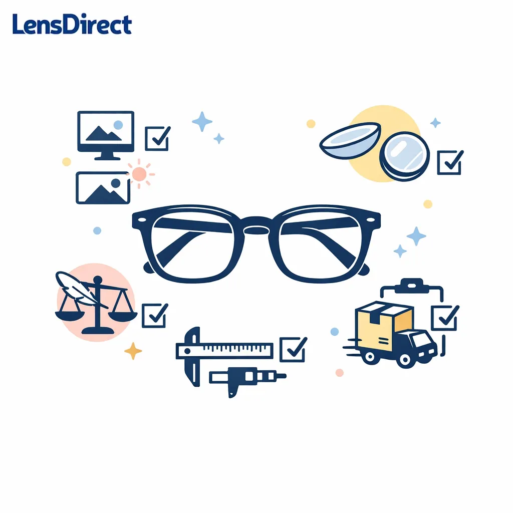 A tidy checklist of use case, lens type, fit, and return policy surrounds a pair of readers.