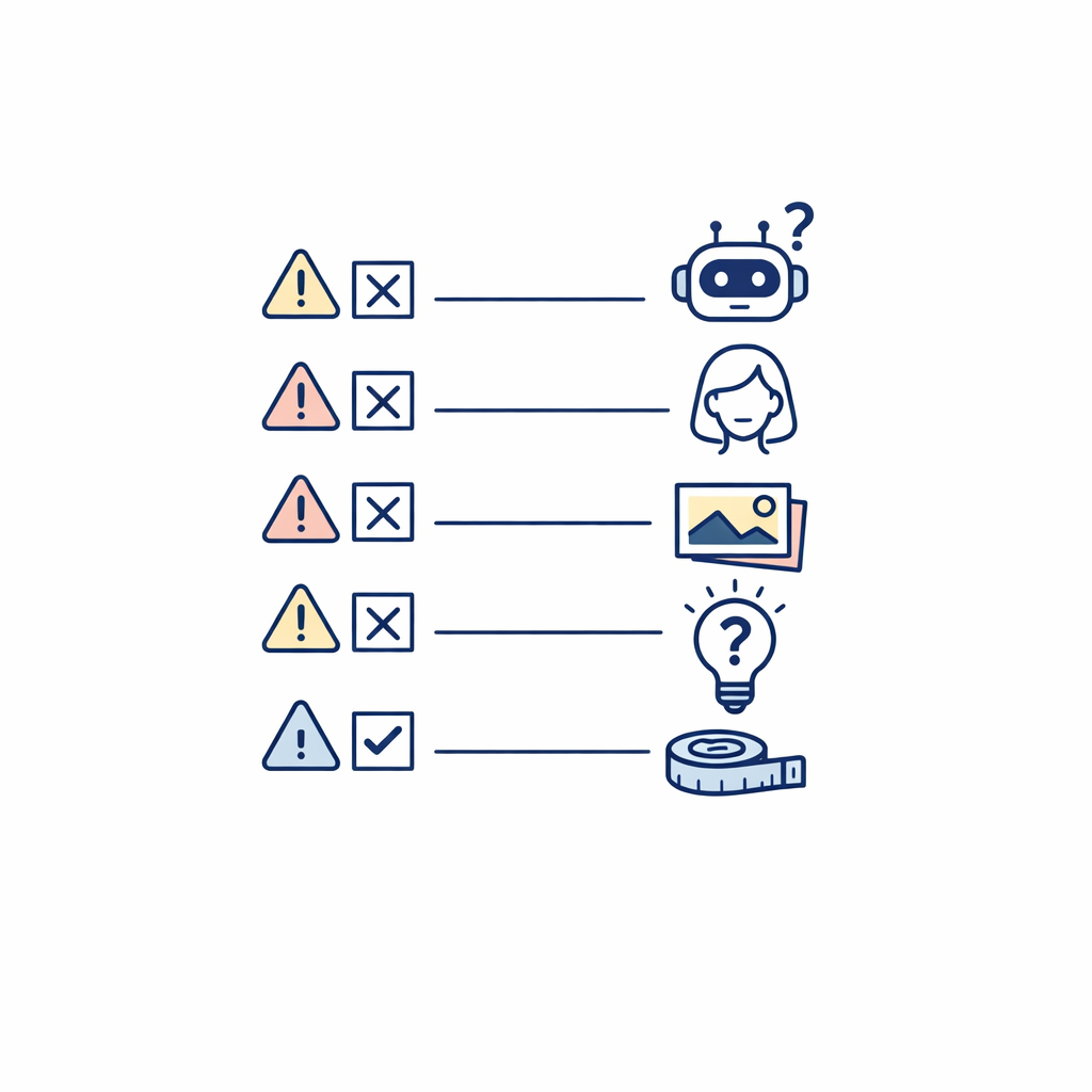 A neat checklist of shopping pitfalls uses caution icons without blame or clutter.