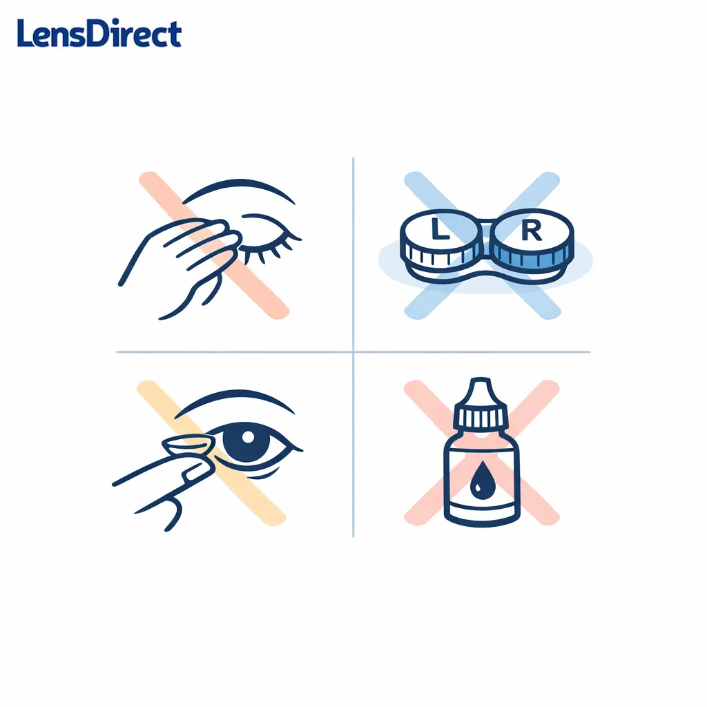 A simple do-not grid shows rubbing, reusing old lenses, and putting contacts back in too soon.