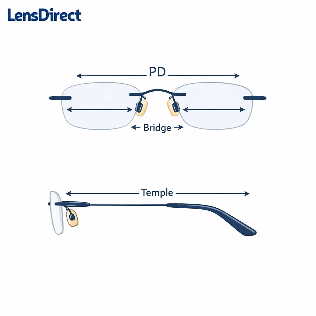Front and side glasses measurements highlight PD, bridge, lens width, and temple length.