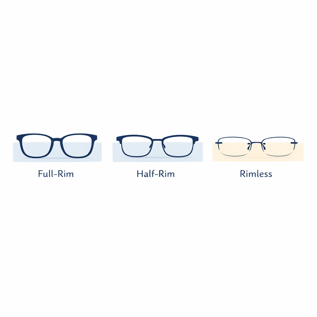 Three frame silhouettes compare full-rim, half-rim, and rimless titanium styles.