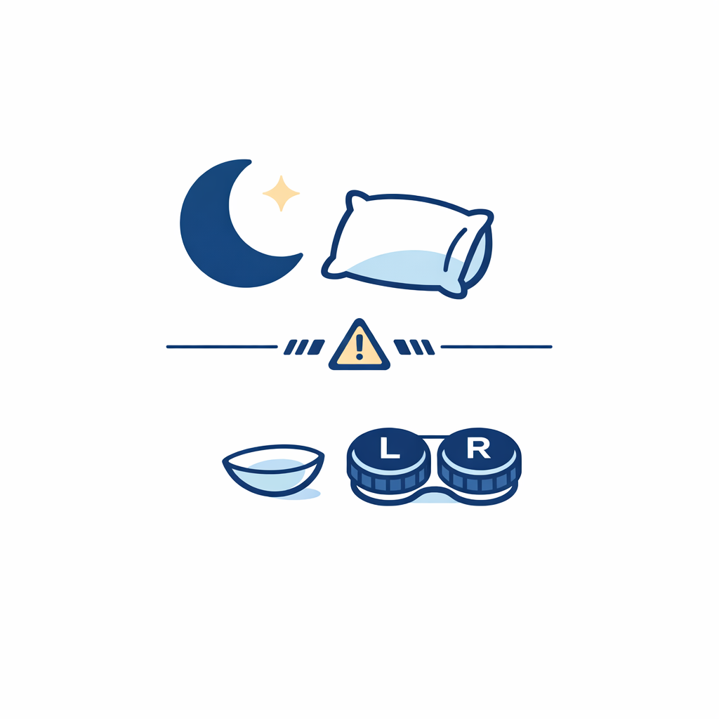 A moon icon and removed lens case illustrate that overnight wear should not be assumed.