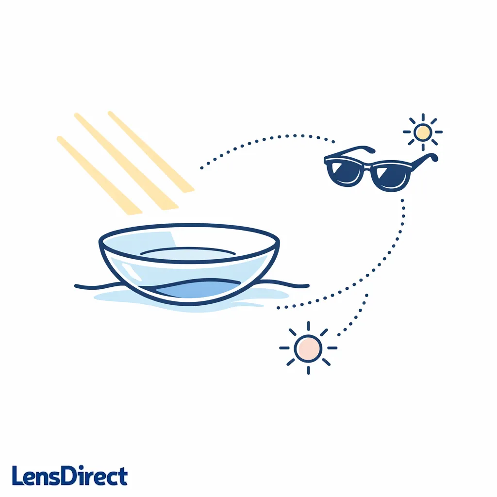 A contact lens catches soft sun rays while sunglasses remain a separate supporting icon.
