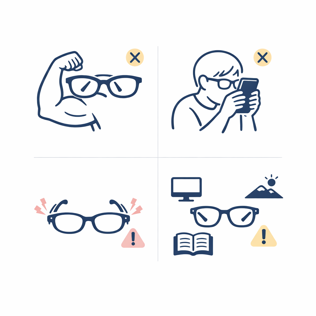 A clean grid of pitfalls shows too-strong lenses, wrong task testing, poor fit, and overreliance on OTC readers.