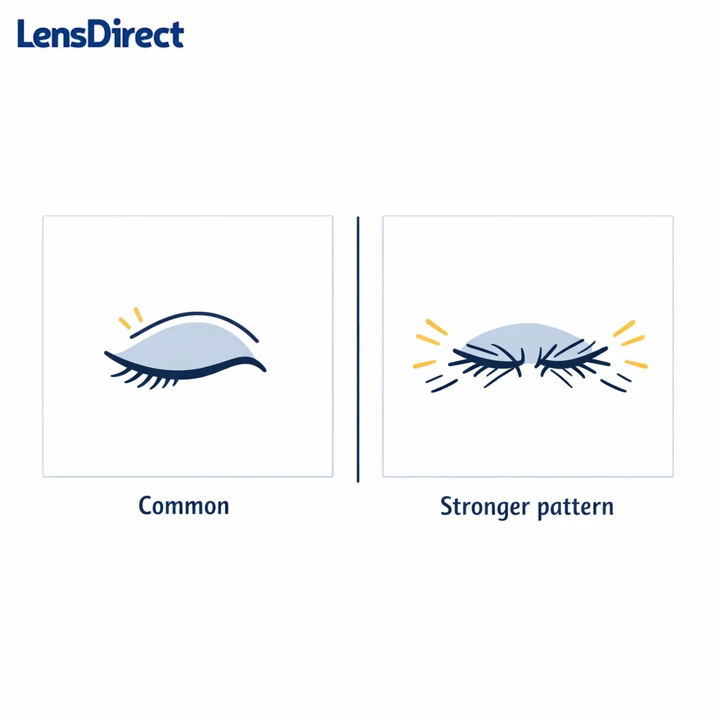 A balanced comparison contrasts a tiny eyelid flutter with stronger repeated squeezing patterns.