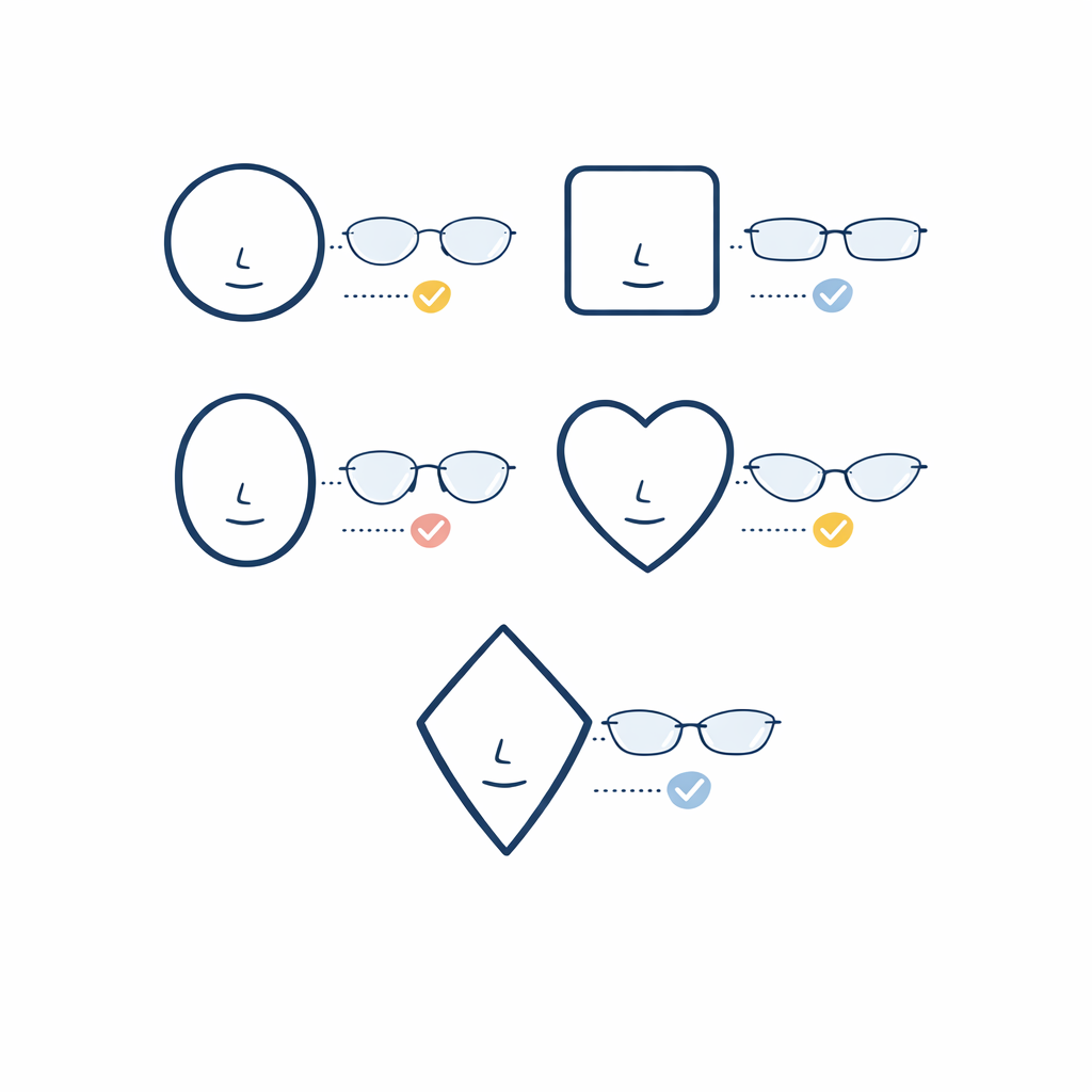Minimal face shape icons paired with recommended rimless lens shapes in a neat grid.