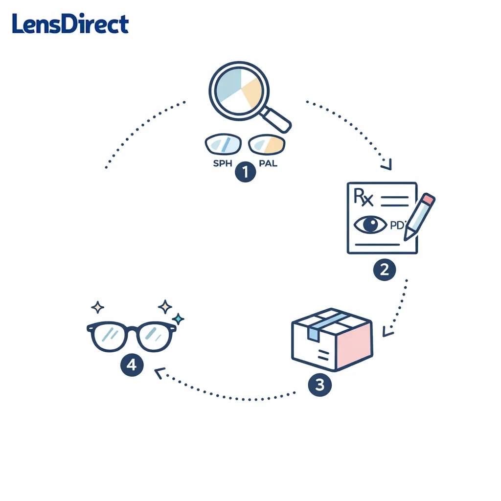 A four-step visual flow shows lens selection, prescription upload, shipping, and return delivery.