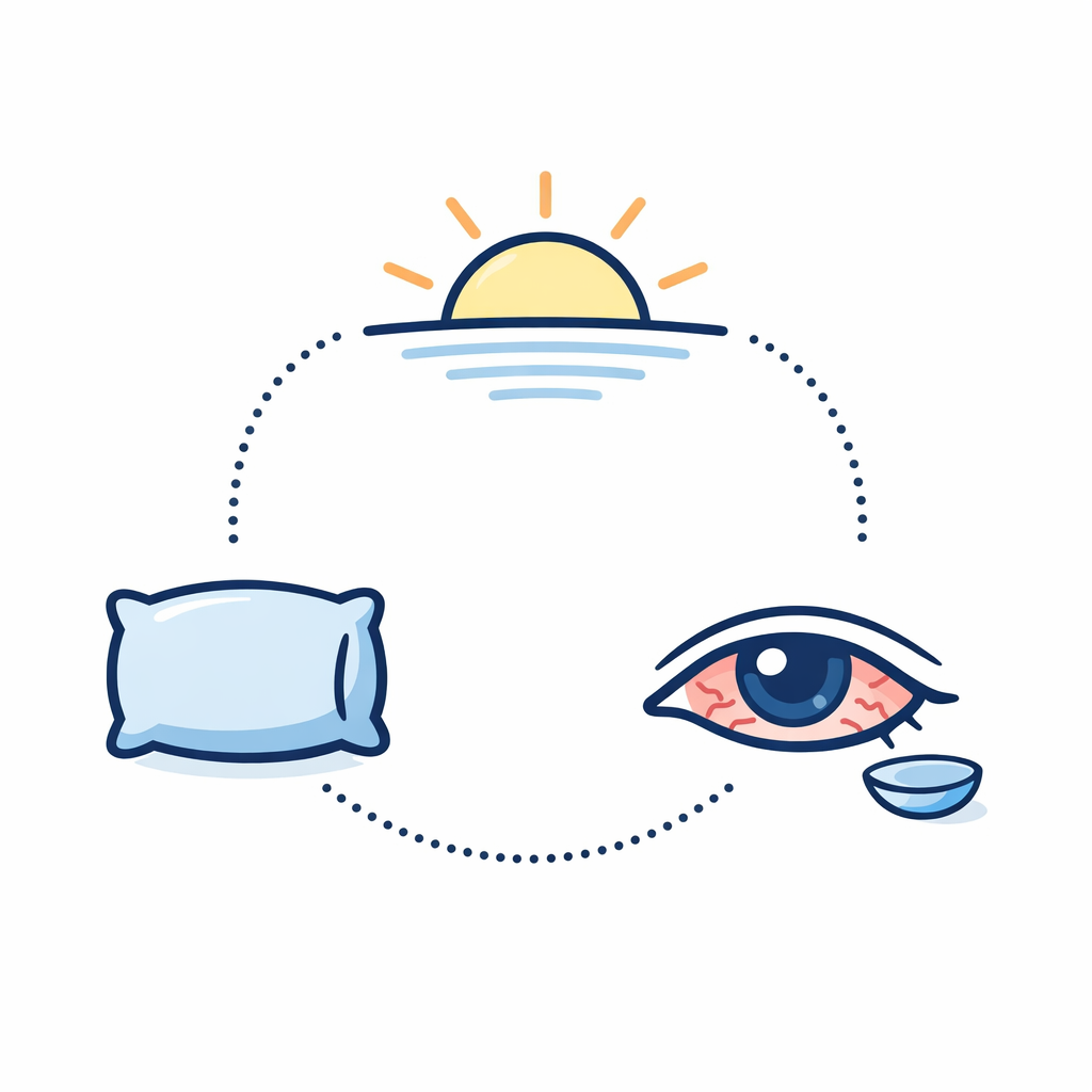 A sunrise, pillow, and eye graphic suggests dryness overnight or sleeping in contacts as morning clues.