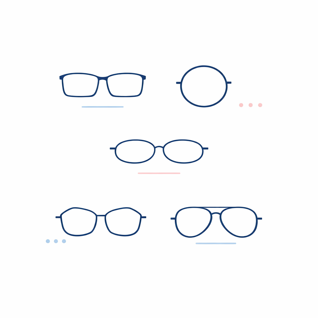 Round, rectangular, oval, geometric, and aviator shapes appear as clean thin-line silhouettes.