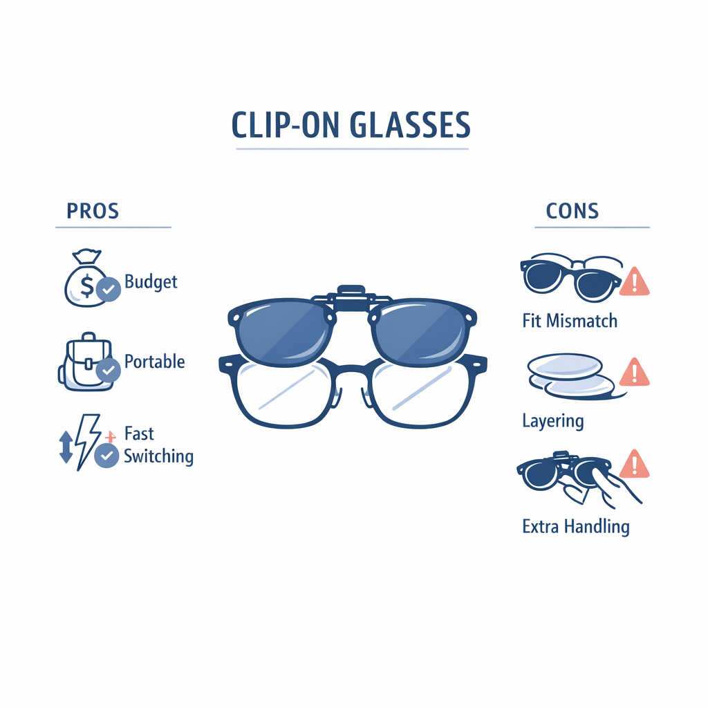 A central clip-on glasses diagram is flanked by simple pros and cons icons.