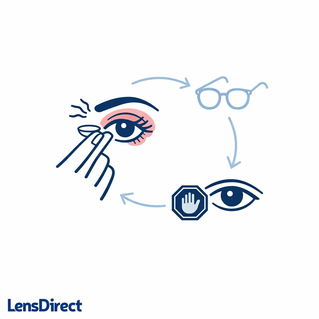 A simple stop icon, glasses, and one irritated eye cue when to remove lenses and seek advice.