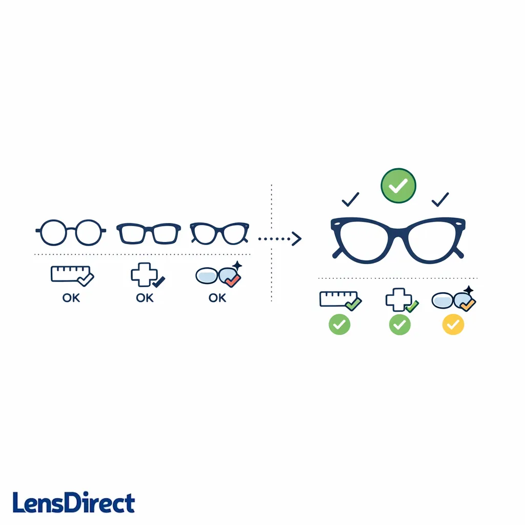 Three saved frame finalists are compared side by side with fit and lens cues beneath them.