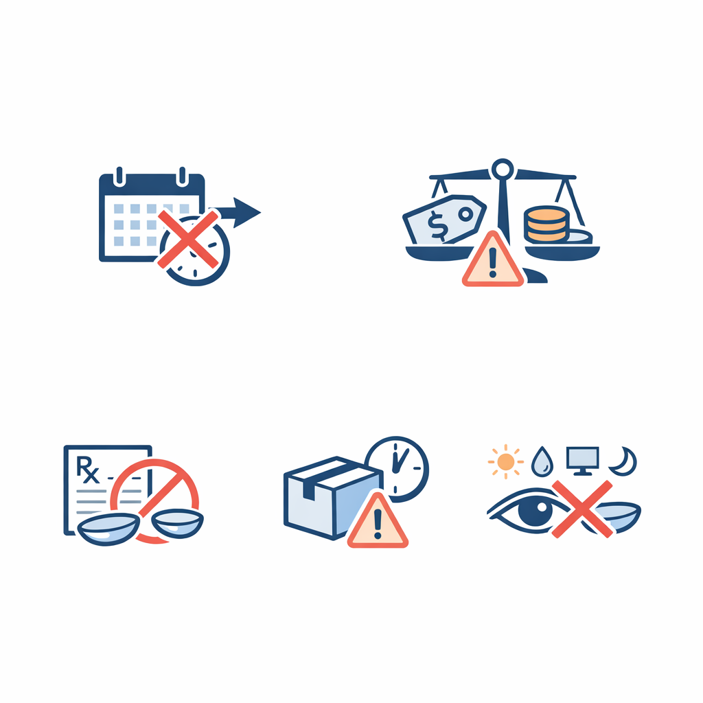 A row of simple icons highlights stretching wear, late reorders, and wrong lens type choices.
