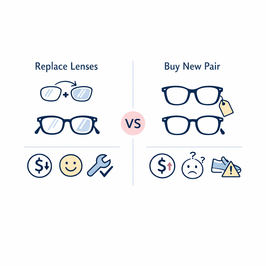 A simple cost-balance concept compares replacing lenses with buying a whole new pair.